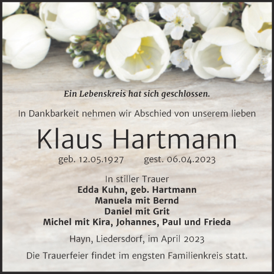 Traueranzeige von Klaus Hartmann von Trauerkombi Sangerhausen
