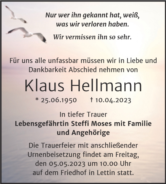 Traueranzeige von Klaus Hellmann von Mitteldeutsche Zeitung Halle/Saalkreis