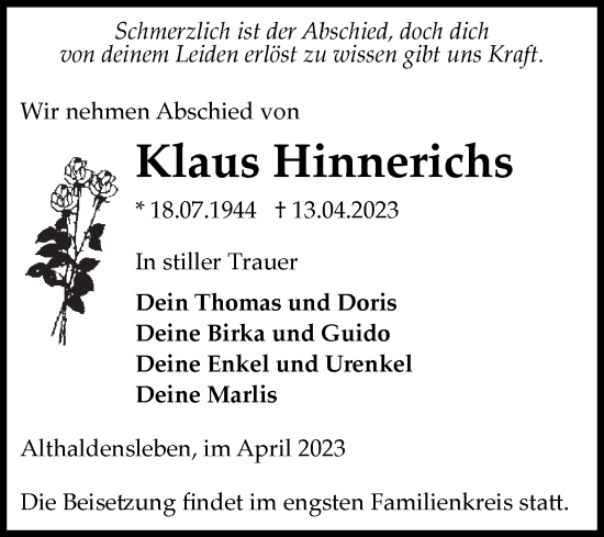 Traueranzeige von Klaus Hinnerichs von Volksstimme Haldensleben/Wolmirstedt