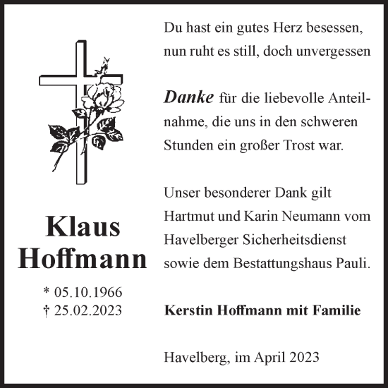 Traueranzeige von Klaus Hoffmann von Volksstimme Altmark Ost