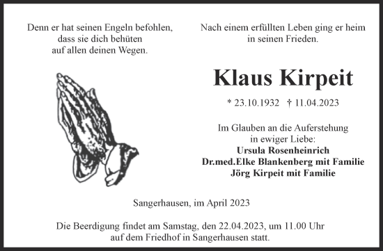 Traueranzeige von Klaus Kirpeit von Trauerkombi Sangerhausen