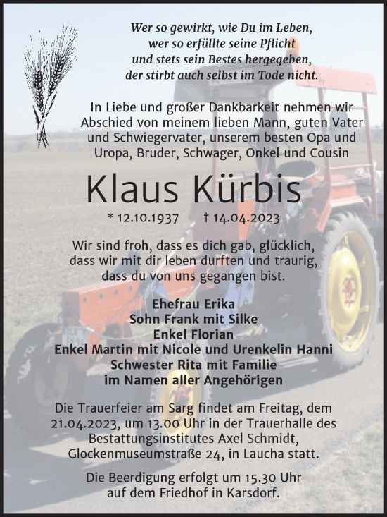 Traueranzeige von Klaus Kürbis von Naumburger Tageblatt