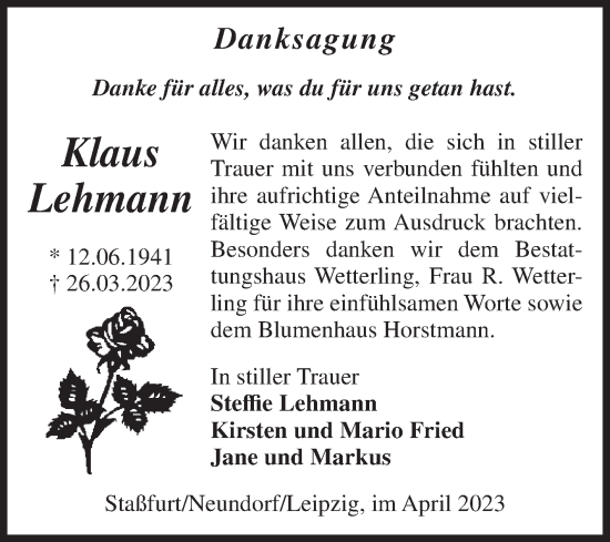 Traueranzeige von Klaus Lehmann von Volksstimme Staßfurt