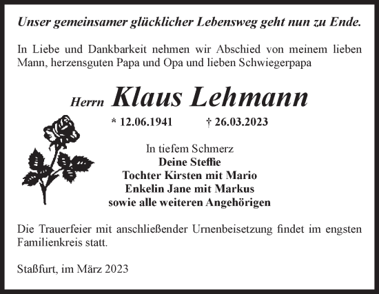 Traueranzeige von Klaus Lehmann von Volksstimme Staßfurt