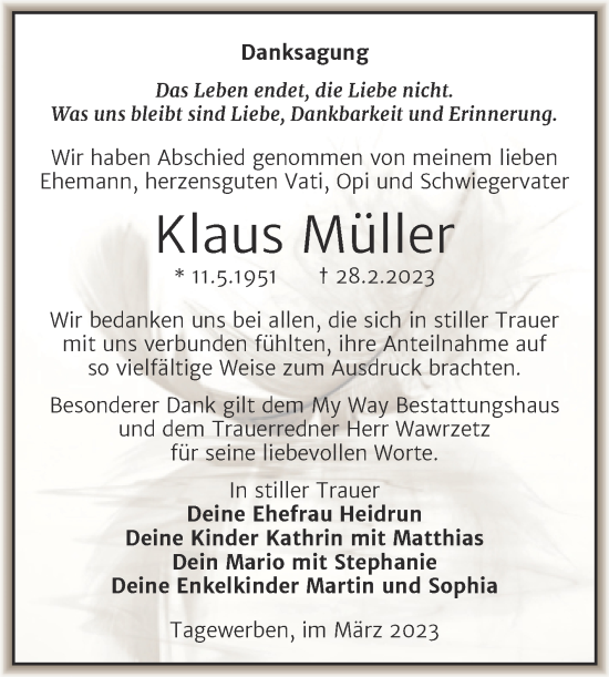 Traueranzeige von Klaus Müller von Wochenspiegel Weißenfels