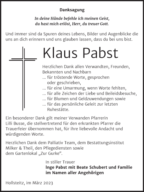 Traueranzeige von Klaus Pabst von Trauerkombi Zeitz