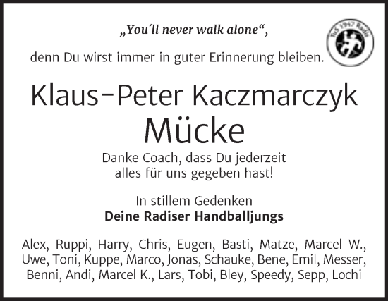 Traueranzeige von Klaus-Peter Kaczmarczyk von Super Sonntag Wittenberg