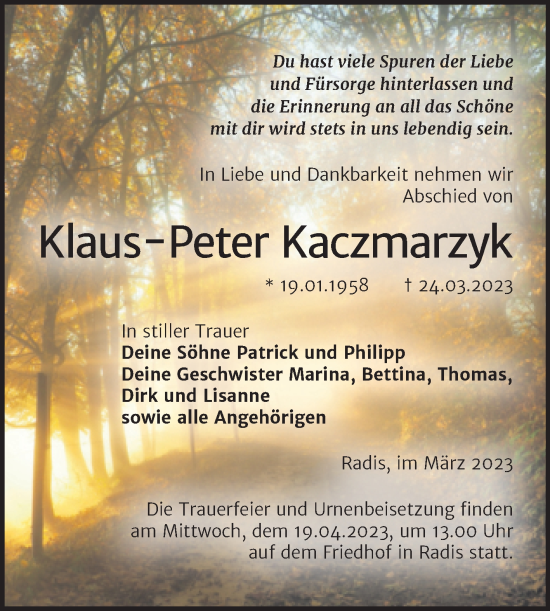 Traueranzeige von Klaus-Peter Kaczmarzyk von Trauerkombi Wittenberg