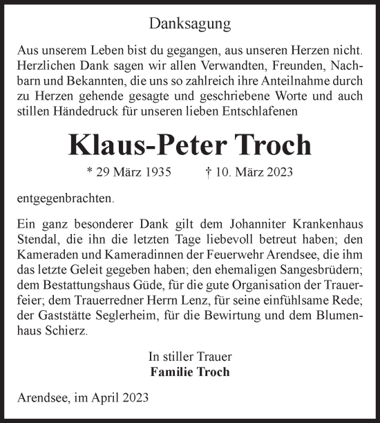 Traueranzeige von Klaus-Peter Troch von Volksstimme Altmark West