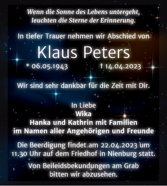 Traueranzeige von Klaus Peters von Trauerkombi Bernburg