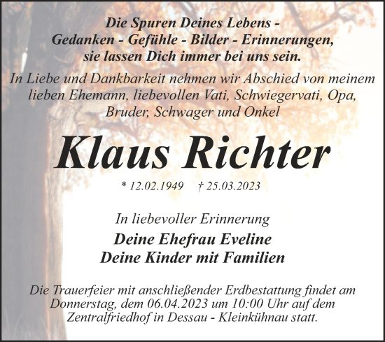 Traueranzeige von Klaus Richter von Trauerkombi Dessau