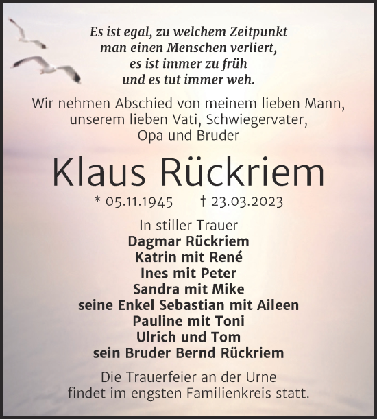Traueranzeige von Klaus Rückriem von Trauerkombi Sangerhausen