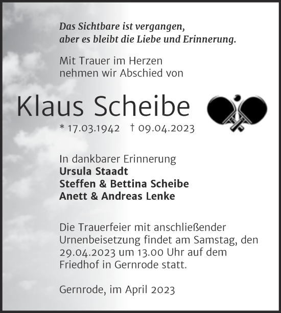 Traueranzeige von Klaus Scheibe von Trauerkombi Quedlinburg