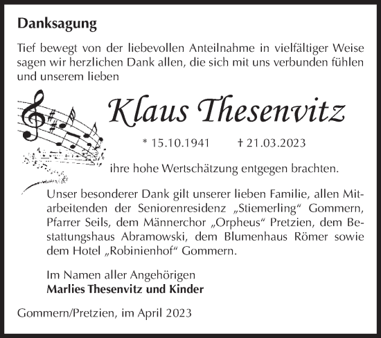 Traueranzeige von Klaus Thesenvitz von Volksstimme Burg/Genthin