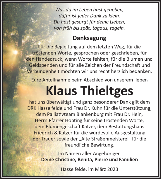 Traueranzeige von Klaus Thieltges von Volksstimme Wernigerode