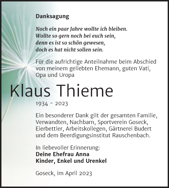 Traueranzeige von Klaus Thieme von Trauerkombi Weißenfels