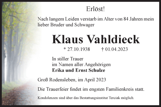 Traueranzeige von Klaus Vahldieck von Volksstimme Oschersleben/Wanzleben