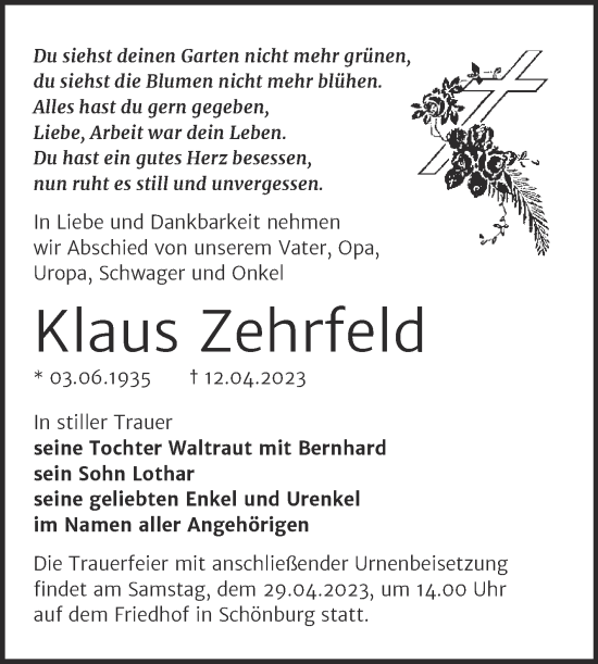 Traueranzeige von Klaus Zehrfeld von Wochenspiegel Naumburg/Nebra