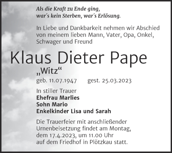 Traueranzeige von Klaus Dieter Pape von Trauerkombi Bernburg