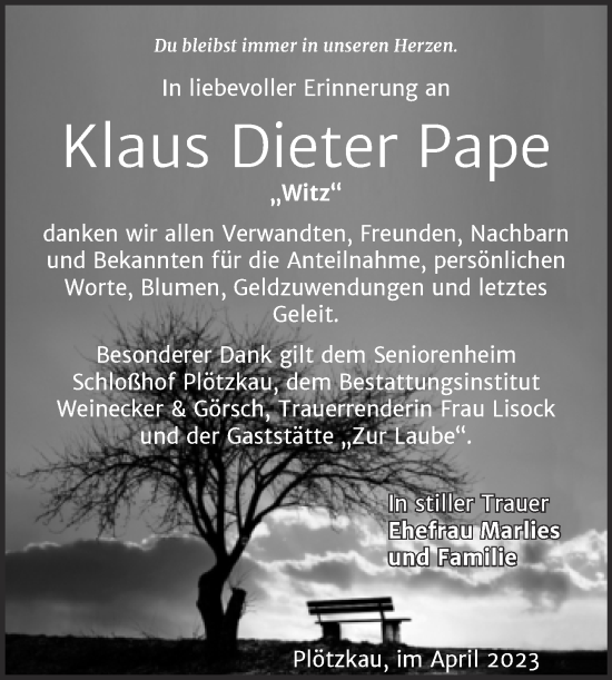 Traueranzeige von Klaus Dieter Pape von Trauerkombi Bernburg