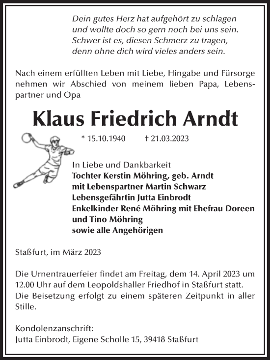 Traueranzeige von Klaus Friedrich Arndt von Volksstimme Staßfurt