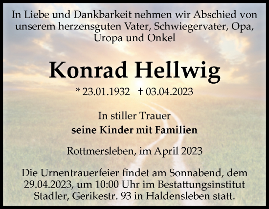 Traueranzeige von Konrad Hellwig von Volksstimme Haldensleben/Wolmirstedt