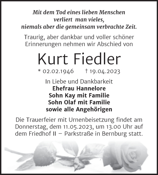 Traueranzeige von Kurt Fiedler von Trauerkombi Bernburg