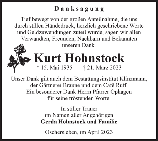 Traueranzeige von Kurt Hohnstock von Volksstimme Oschersleben/Wanzleben