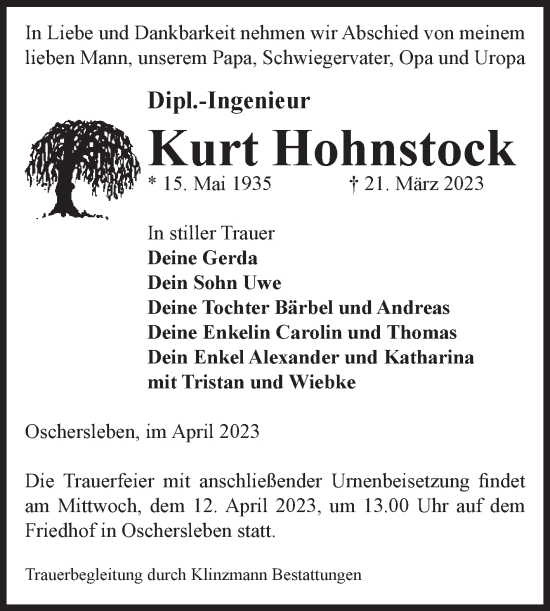 Traueranzeige von Kurt Hohnstock von Volksstimme Oschersleben/Wanzleben
