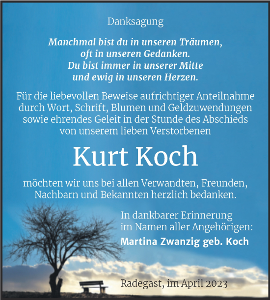 Traueranzeige von Kurt Koch von Trauerkombi Köthen