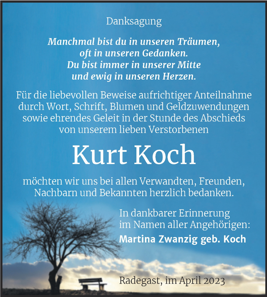  Traueranzeige für Kurt Koch vom 20.04.2023 aus Trauerkombi Köthen