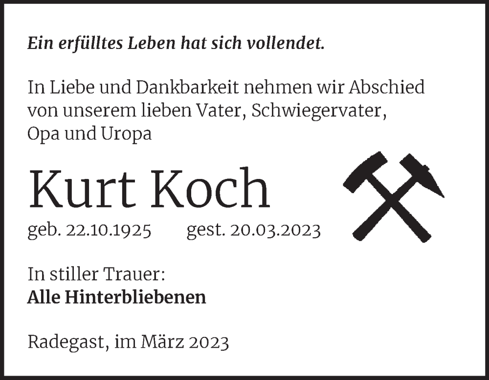  Traueranzeige für Kurt Koch vom 01.04.2023 aus Trauerkombi Köthen