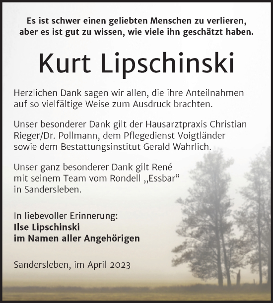 Traueranzeige von Kurt Lipschinski von Trauerkombi Mansfelder Land