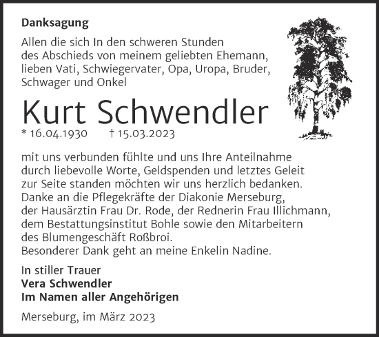 Traueranzeige von Kurt Schwendler von Trauerkombi Merseburg