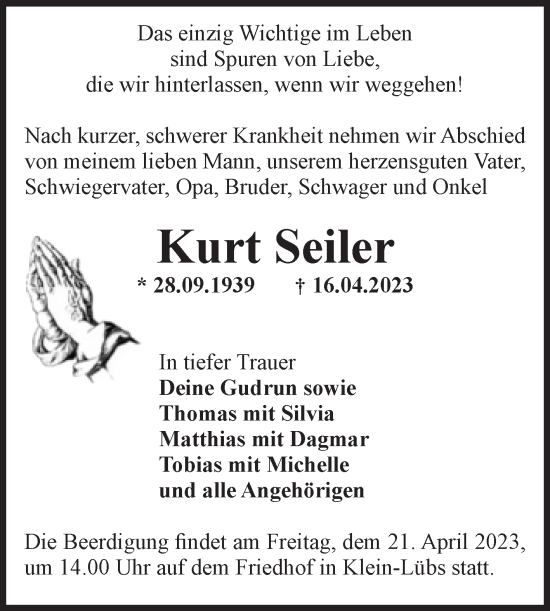 Traueranzeige von Kurt Seiler von Volksstimme Burg/Genthin