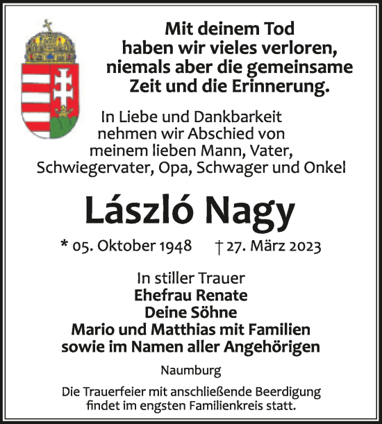 Traueranzeige von Läszlö Nagy von Naumburger Tageblatt