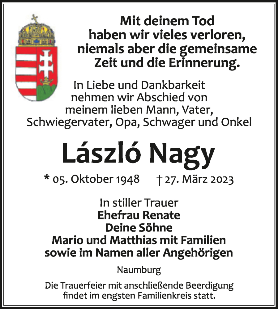  Traueranzeige für Läszlö Nagy vom 01.04.2023 aus Naumburger Tageblatt