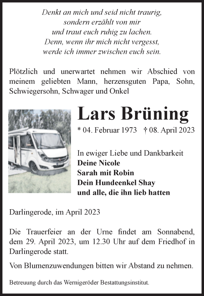  Traueranzeige für Lars Brüning vom 15.04.2023 aus Volksstimme Wernigerode