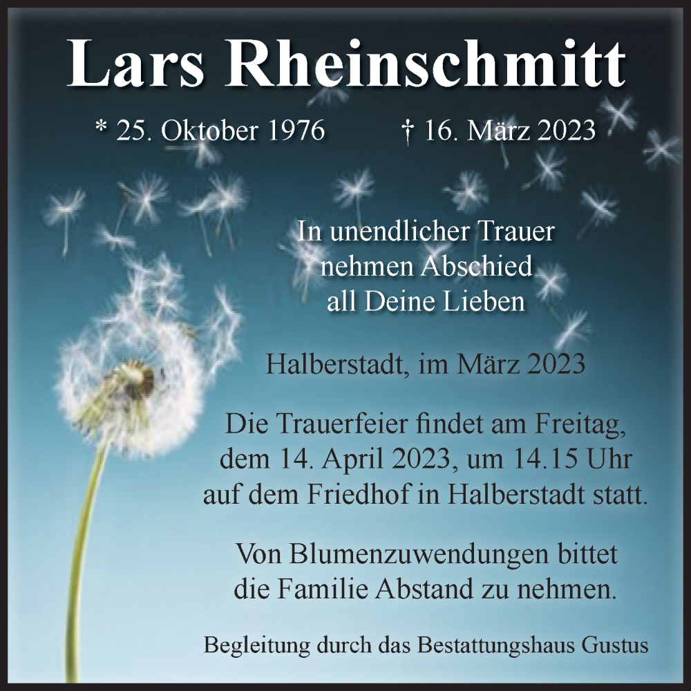  Traueranzeige für Lars Rheinschmitt vom 01.04.2023 aus Volksstimme Halberstadt