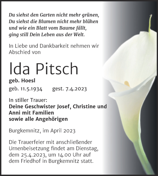 Traueranzeige von lda Pitsch von Trauerkombi Bitterfeld