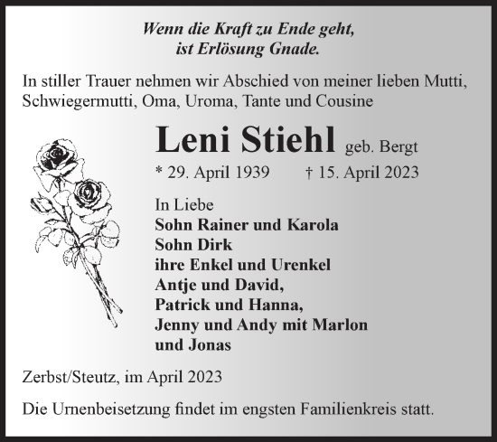 Traueranzeige von Leni Stiehl von Volksstimme Zerbst