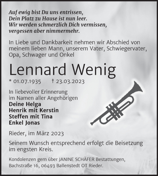 Traueranzeige von Lennard Wenig von Trauerkombi Quedlinburg
