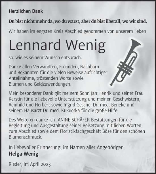 Traueranzeige von Lennard Wenig von Trauerkombi Quedlinburg