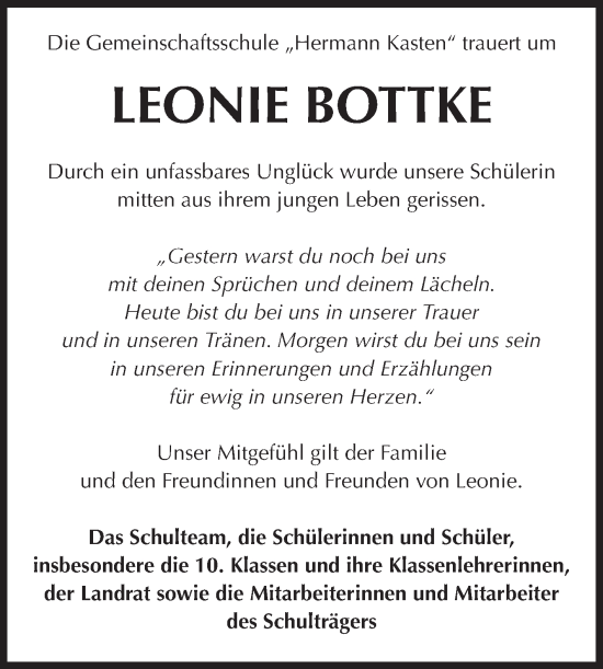 Traueranzeige von Leonie Bottke von Volksstimme Staßfurt