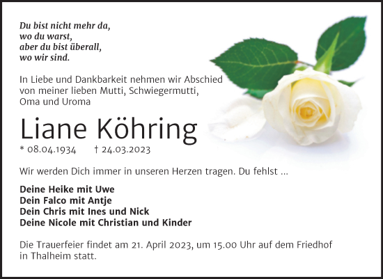 Traueranzeige von Liane Köhring von Trauerkombi Bitterfeld