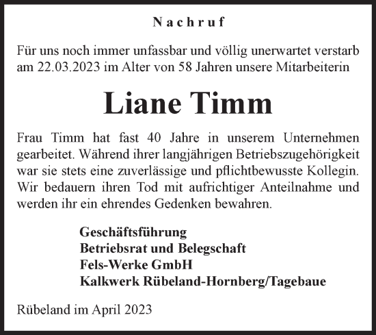 Traueranzeige von Liane Timm von Volksstimme Wernigerode