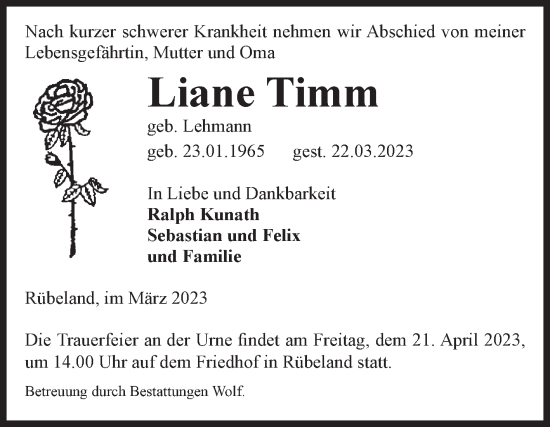 Traueranzeige von Liane Timm von Volksstimme Wernigerode