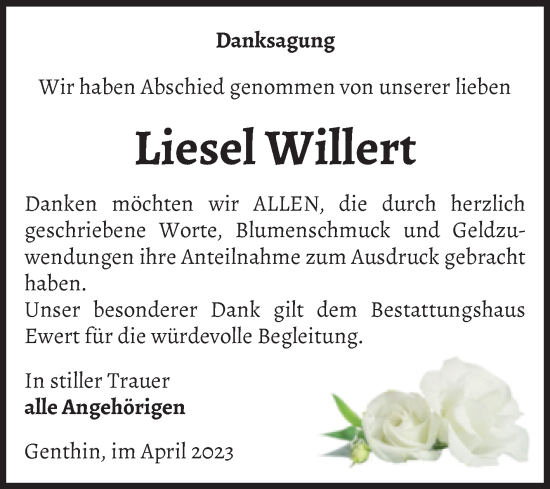 Traueranzeige von Liesel Willert von Volksstimme Burg/Genthin