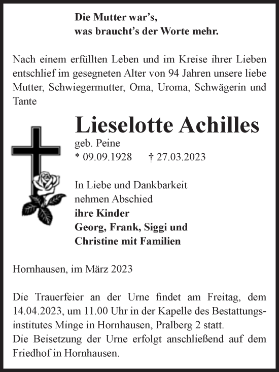 Traueranzeige von Lieselotte Achilles von Volksstimme Oschersleben/Wanzleben