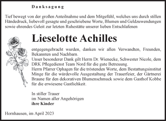 Traueranzeige von Lieselotte Achilles von Volksstimme Oschersleben/Wanzleben